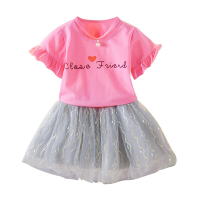 

Kids Girls Casual Short Sleeve Costume Set Summer Letter Print T-shirtMesh Skirts Suits 2Pcs Princess Dress