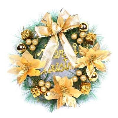 

40cm Christmas Wreath With Merry Christmas Sign Decorative Balls Poinsettia And Bowknot Holiday Front Door Wall Window