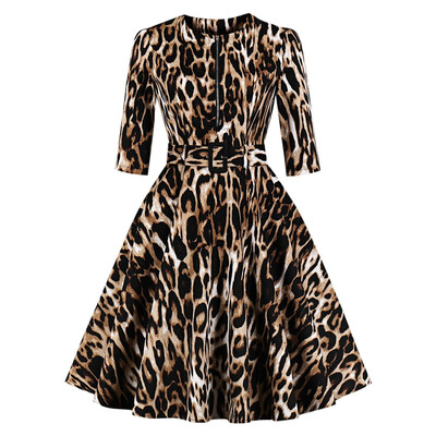 

Round Collar 34 Sleeve Leopard Print Zipper Belted A-line Women Vintage Dress