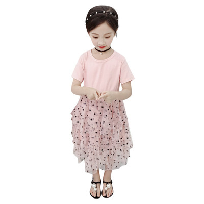 

2-7T Children Summer Girls Cute Irregular Mesh Stitching Short Sleeve Sweet Princess Dot Print Dress