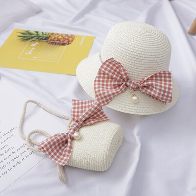 

Summer Cute Beach Bowknot Straw Sun Cap And Handbag Pearl Decoration 2pcs For Kids Girls 4-8Y Lovely Toddler Girl Wavy Hat