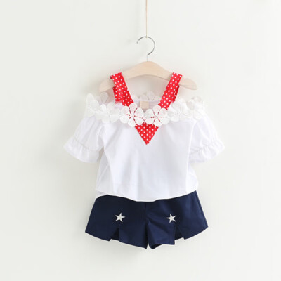 

2018 Baby Girl Clothing Set White Flower Shoulder Strapless T-shirt Pentagram Blue Shorts Set Casual Sweet Princess Girl Set