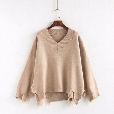 

2018 spring&autumn new fringe sweater womens pullover loose Korean version of the v-neck sweater jacket