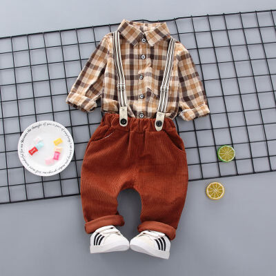 

Baby Boy Clothes Set Long Sleeve Plaid Pattern Soft Cotton Shirt TopsLong Strap Pant Trousers Toddler Outfits