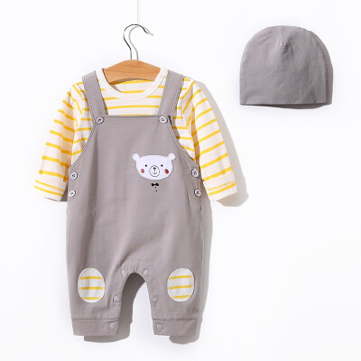 

Autumn Newborn 3pcs Casual Set Baby Boy Girl Casual Outfits Long Sleeve Striped TopsCartoon Suspender Trousers Hat Set