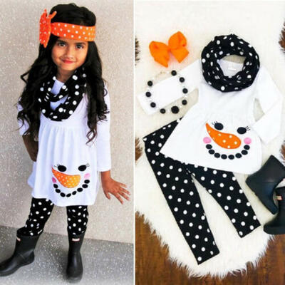 

Toddler Kids Girl Snowman Dress Tops Dot Pants Leggings Outfits Sets h