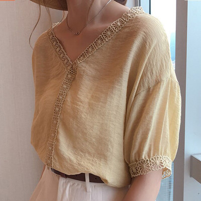 

Shirt Short Sleeve Summer Women Blouses Tops Casual Lace Stitching V-neck chiffon shirt