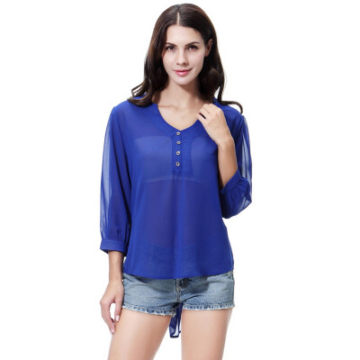 

2XL Loose Button Long Sleeve V Neck Chiffon Blouse Of Large Size Womens Shirts Solid Back Asymmetric Blouse Woman Summer