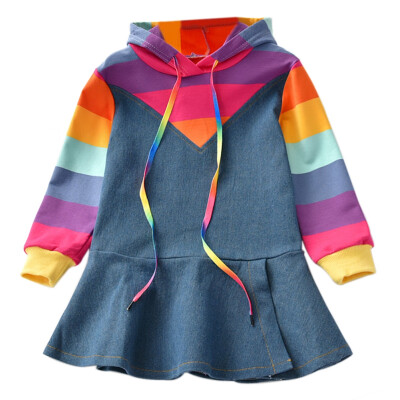 

Autumn Casual Baby Girls Long Sleeve Rainbow Striped Print Sweatshirt Denim Dress Kids Pageant Dresses