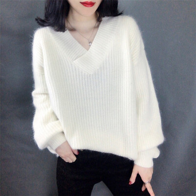 

2019 Winter Fashion Ladies Mohair Thicken Knitting Sweater Solid V-Neck Pullover Pull Femme Jumper Loose Womens Sweater sweter