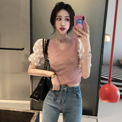 

Mesh Stitching Blouse Women Sexy Sling Strapless Blouse V Collar Solid Color Short Sleeve Chiffon Blusas Mujer De Moda