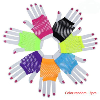 

3 Pairs Punk Goth Women Disco Dance Costume Lace Mesh Fishnet Gloves Fashion Summer Candy Colors Gloves