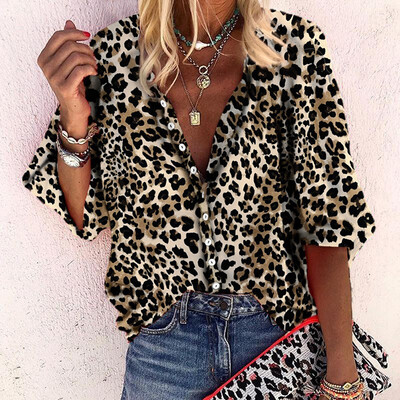 

Ladies Blouse Leopard Print Loose Long Sleeve V-Neck Sexy Tops Blouses Female Fashion Autumn Blouses Plus Size Women Clothing
