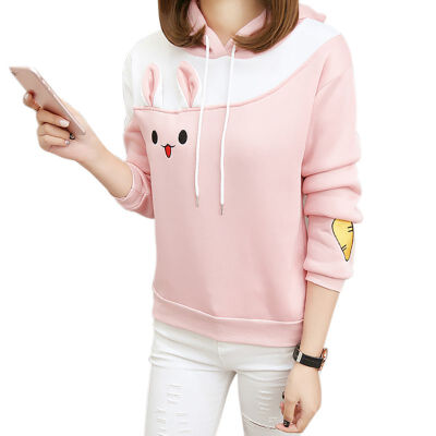 

EFINNY Women Rabbit Embroidered Hoodies Casual Loose Patchwork Color Hooded Tops Warm Long Sleeve Pullovers