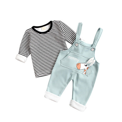 

Autumn Baby Girls Boys Long Sleeve Striped Print Thicken Blouse Tops Cartoon Suspenders Pants Casual Outfits Set