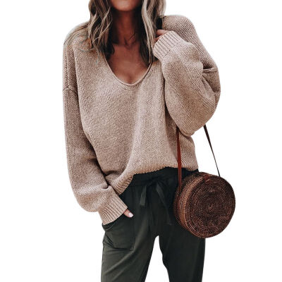 

Women Casual Knitted V-Neck Loose Sweater Long Sleeve Pullovers Solid Color 2019 New Autumn Winter Fashion Womens Warm Tops