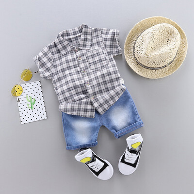

Plaid Boy Clothes Set Summer Plaid Shirt Short Sleeve T-shirt Denim Shorts Kids Clothes Set Fashion beach Boy T-shirt