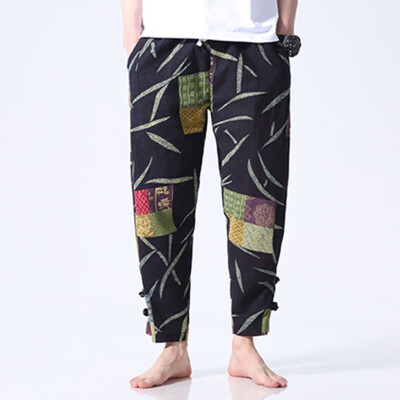 

Gobestart Mens New Style Fashion Ethnic Wind Printed Nine-Cent Pants Large Pants