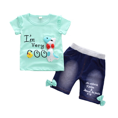 

2Pcs Childrens Sets Summer Girls T-shirt Shorts Set Cute Cartoon Dogs Print Casual T-shirt Denim Pant Girls Clothes Set Summer