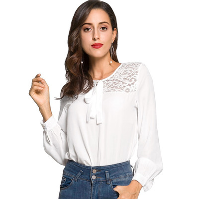 

Office Lace Chiffon Womnes Shirt Hollow Out Patchwork Long Sleeve Blouse Bow Tie Slim Shirts Women Elegant Tops Navy White