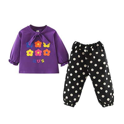 

Children Spring Autumn Cartoon Printed Long Sleeve Sweater Round Collar Casual Tops Dot Print Pants