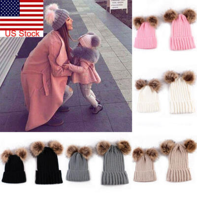 

Mom Kid Child Baby Boys Girls Beanie Hat Cap Winter Warm Double Fur Pom Bobble