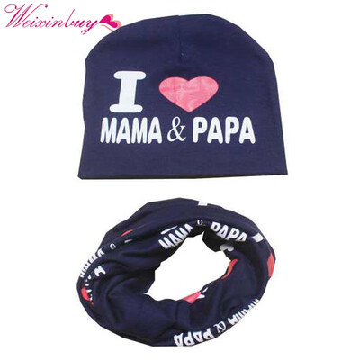 

Baby Hat Set I Love Mama Papa Print Cotton Cap Winter Hats Newborn Children Scarf Collar Boys Beanie Kids Cap