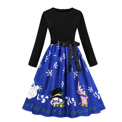 

Tailored Womens Vintage Print Long Sleeve Christmas Evening Party Swing Dress
