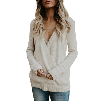 

Morden Womens Fashion Casual All-match V-neck Sweater Knitted Oversized Solid Color Pullovers Hollowed Out Spring Sweater Top