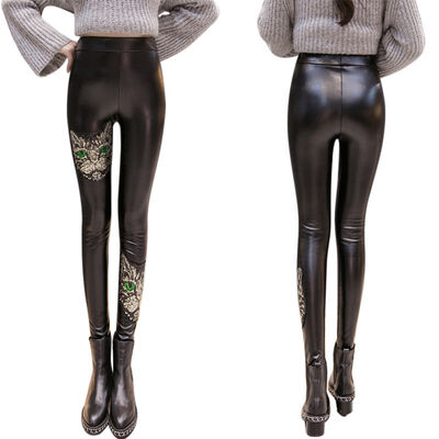 

Women Girls Leather Leggings Stretchy High Waist Stretchable Skinny Lace Leggings Embroidery Pants -2XL