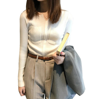 

EFINNY Korean Style Pockets Solid Color Sweater Sexy Slim V-neck Long-sleeved Women Autumn Knitted Pullover