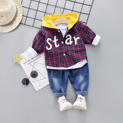 

2PcsSet Autumn Children Baby Boys Casual Long Sleeve Plaid Hoodie Sweatshirt TopsDenim Pants Costume Set