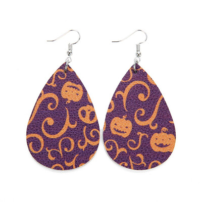 

guangxichuangshengxinfu 1 Pair Chic Halloween Skull Pumpkin Teardrop PU Leather Bohemia Dangle Drop Earrings