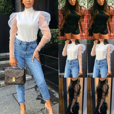 

Women Mesh Sheer See Through Blouse Long Sleeve T-Shirt Blouse Crop Top Tee Tops