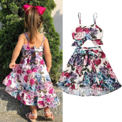 

Cute Toddler Kids Baby Girl Sleeveless Flower Sling Tops Bow Skirt Dress Elastic