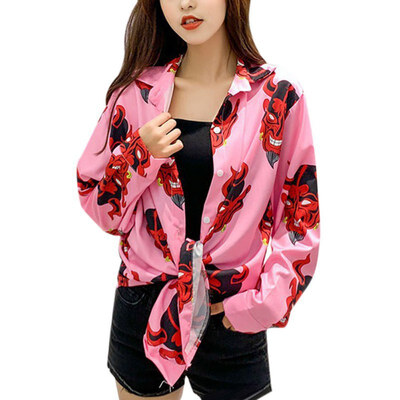 

Cartoon Print Casual Shirt Loose Single-breasted hip hop streetwear Lapel Blouse Full Printing Long Sleeves