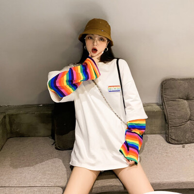 

Colour Striped Patchwork Femal Tshirt Autumn Casual Long Sleeve Women Tops Loose O-Neck Women Shirt