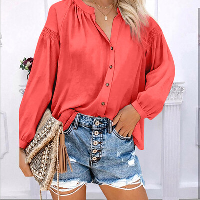 

Tailored Womens Fashion V-neck Loose Single-row Button Long-sleeved Shirts Blouses