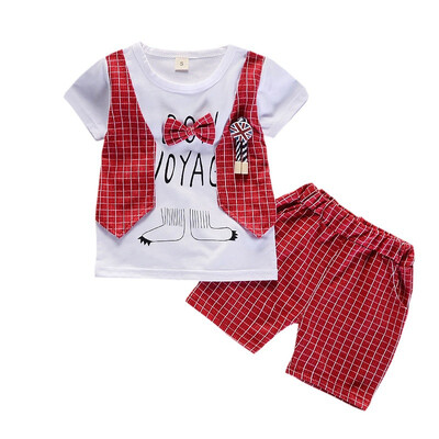 

summer Baby clothes for boys fake 3pcs cartoon plaid short sleeve shorts&casual pants suit