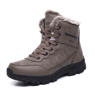

Mens Leather Snow Boots Lace up High Top Winter Warm Shoes with Fully Fur Lined