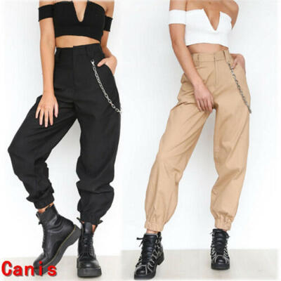 

Womens Harem Cargo Trousers Cotton Pants Solid Punk Loose Long Sports Fashion