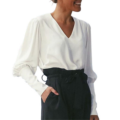

Women Shirts Summer Ladies Blouses Long Sleeve V Neck Buttons Solid Blouse Tops Office Ladies Clothes