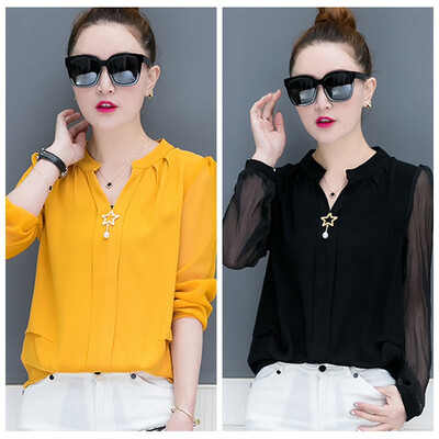 

Elegant Korean version Autumn Long sleeve Small V-neck Chiffon Shirt Fashion New Casual Office Lady Womens Blouse Top F1