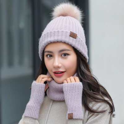 

Hat woman winter scarf gloves three-piece Korean version joker style knitted hat warm ear protection lovely woollen hat