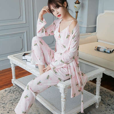 

Woman Autumn Sexy Pajamas Set Printed Sling Sleepwear 3 Peices Long Sleeves Soft Comfort Homewear Sexy Robe Sleepwear