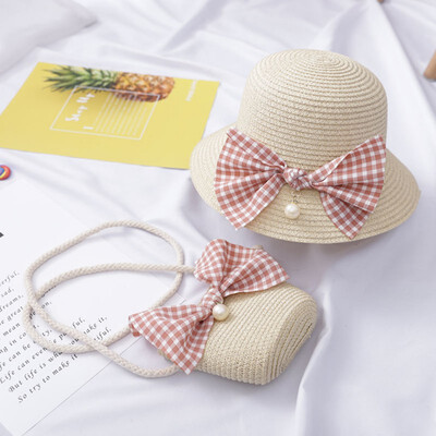 

Summer Cute Beach Bowknot Straw Sun Cap And Handbag Pearl Decoration 2pcs For Kids Girls 4-8Y Lovely Toddler Girl Wavy Hat