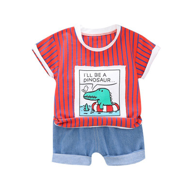 

Dinosaur Stripe T-shirt For Boy Clothes Set Denim Shorts Kids Clothes Set Children Casual Outfits Set