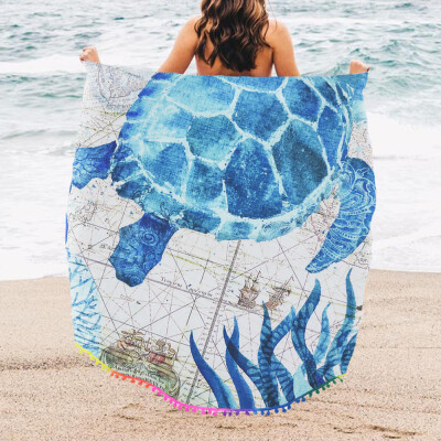 

Women Round Beach Towels Tapestry Cover Ups Turtle Print Pompon Vintage Boho Hippie Yoga Blanket