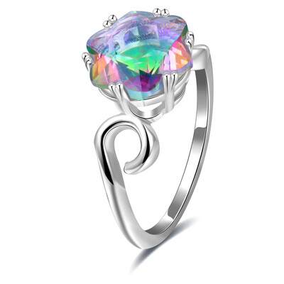 

Fashion Jewelry Six Petals Flower Crystals Ring Rainbow Gemstone Silver Ring