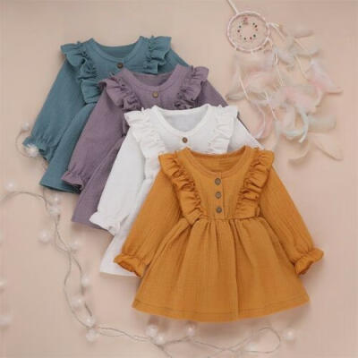 

US Newborn Kids Baby Girl Clothes Long Sleeve Ruffle Dress Cotton Linen Outfits